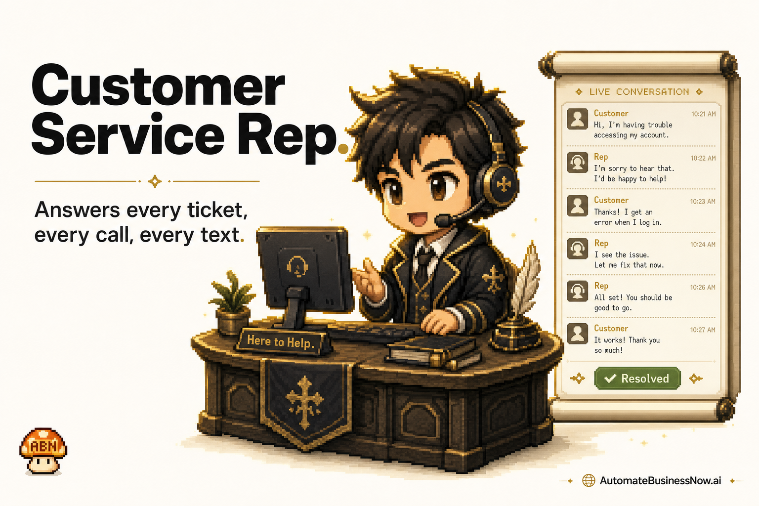 Customer Service Rep at work — brand-illustrated AI employee hero