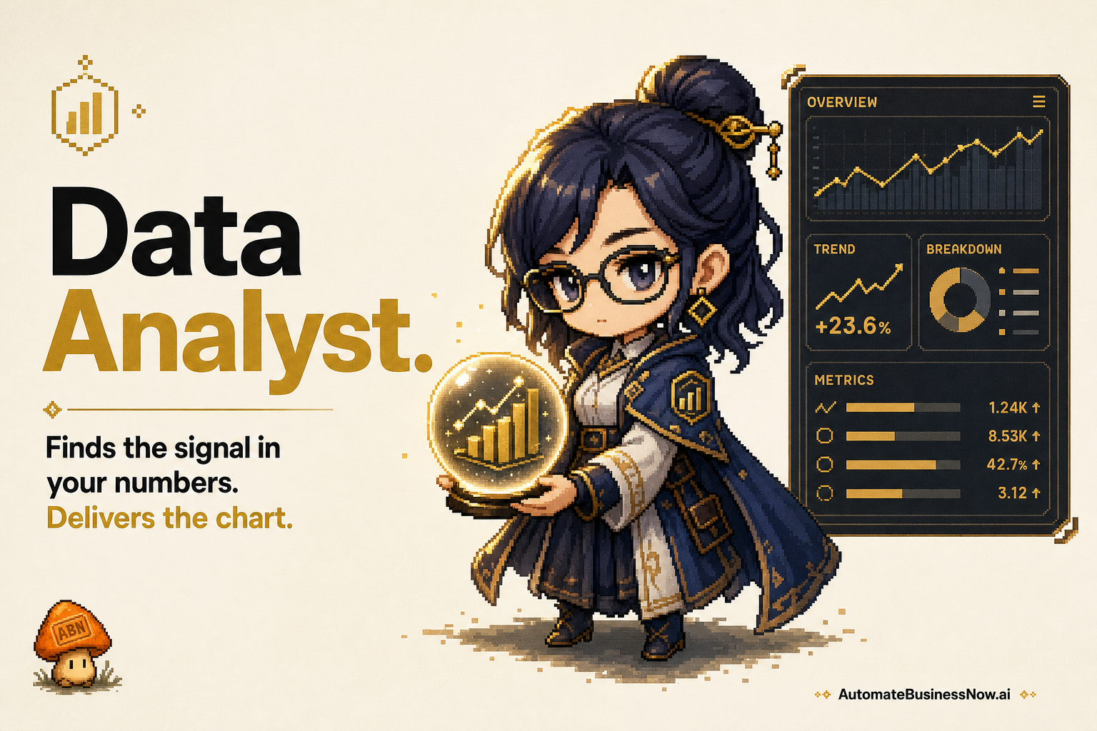 Data Analyst at work — brand-illustrated AI employee hero
