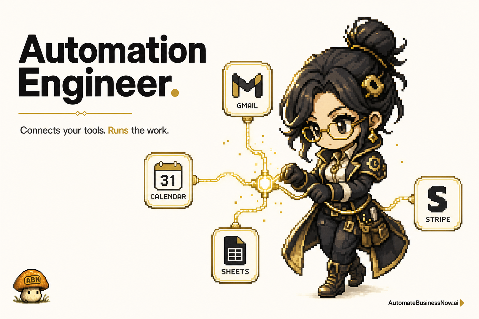 Automation Engineer at work — brand-illustrated AI employee hero