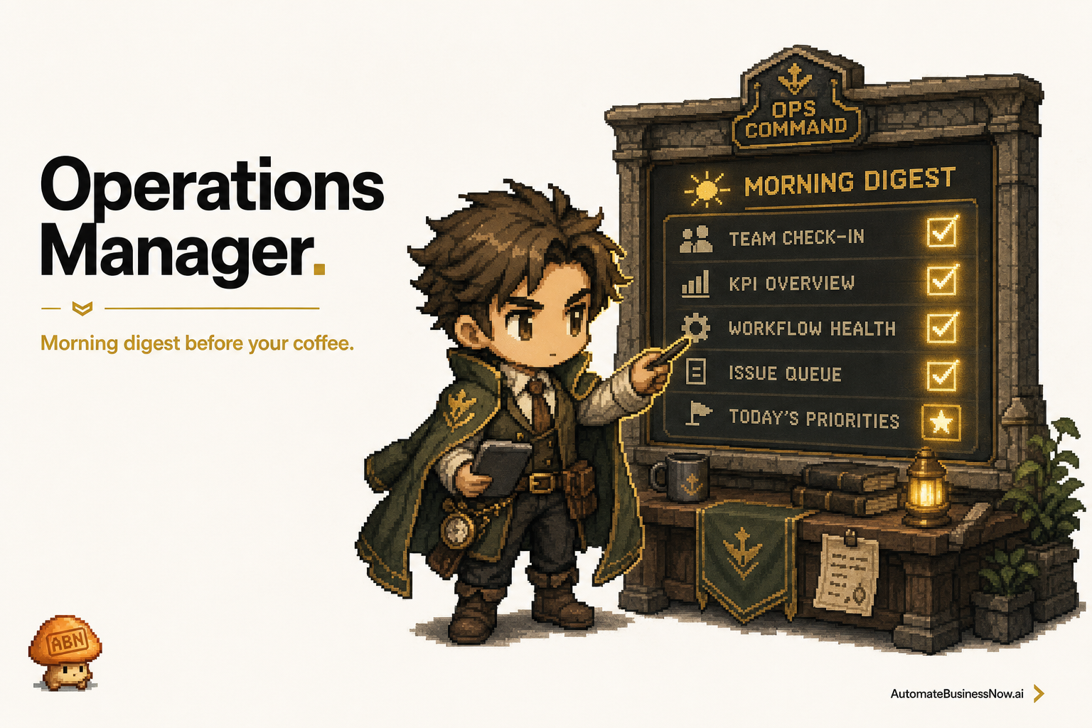 Operations Manager at work — brand-illustrated AI employee hero