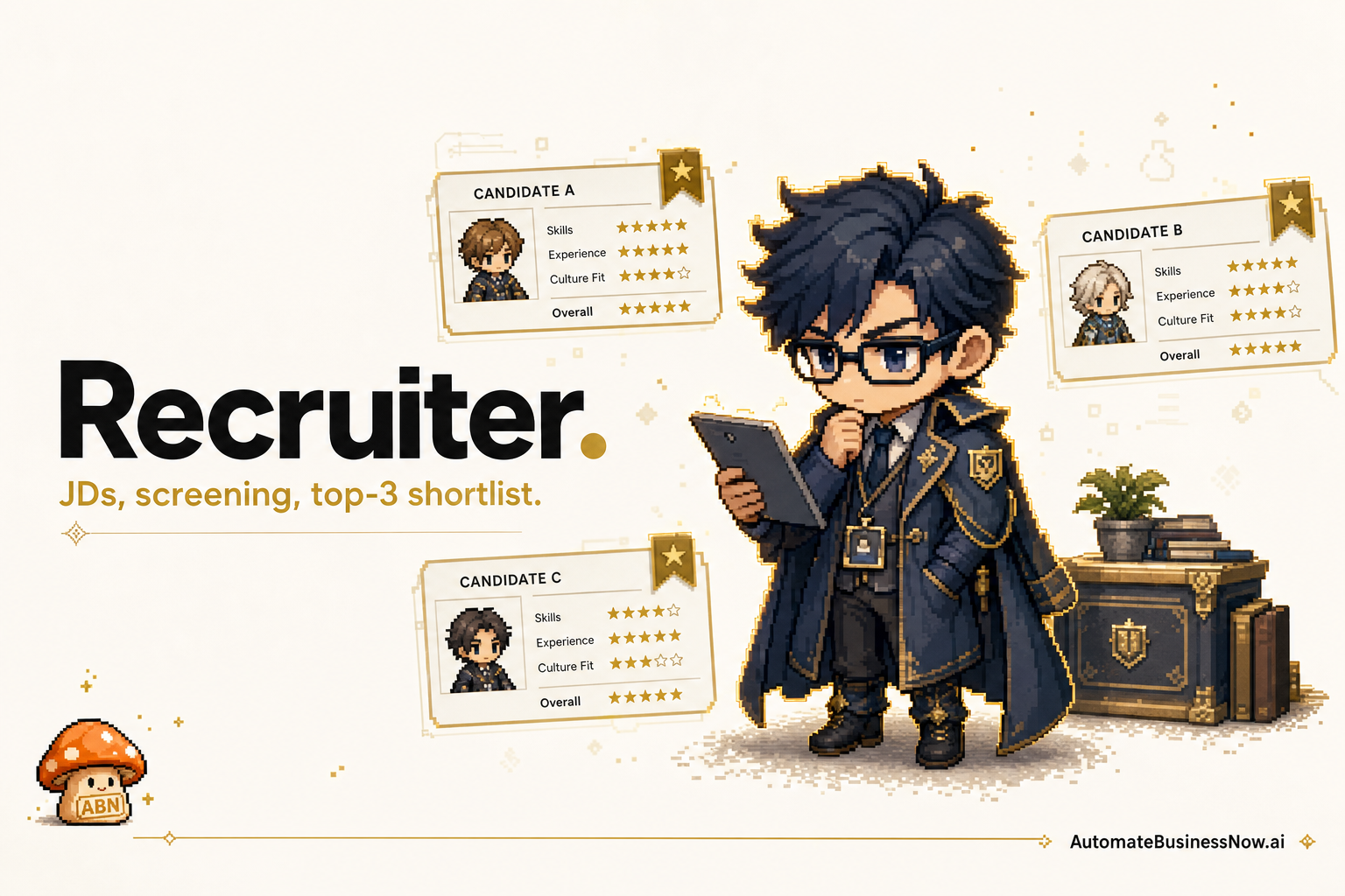 Recruiter at work — brand-illustrated AI employee hero