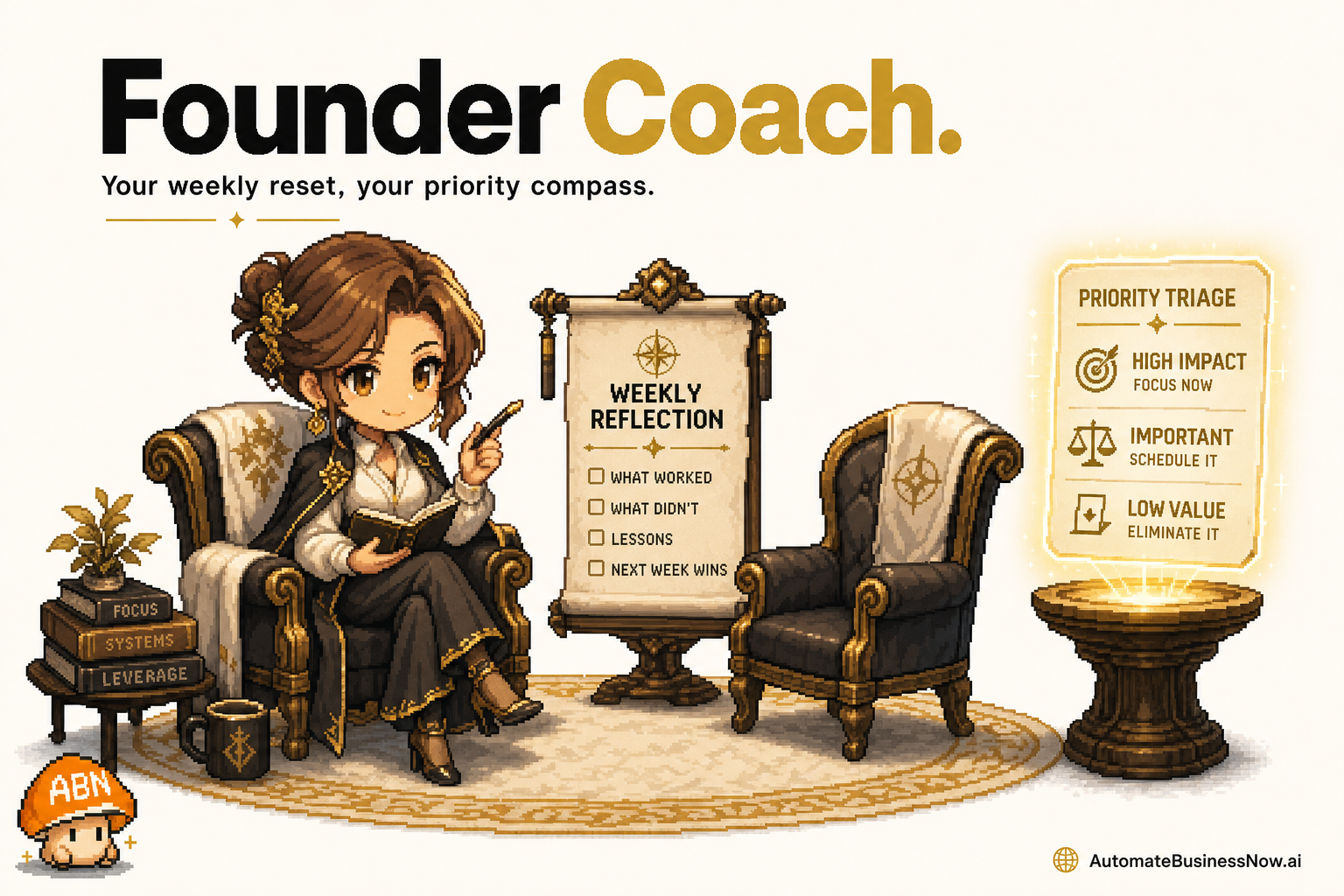 Founder Coach at work — brand-illustrated AI employee hero