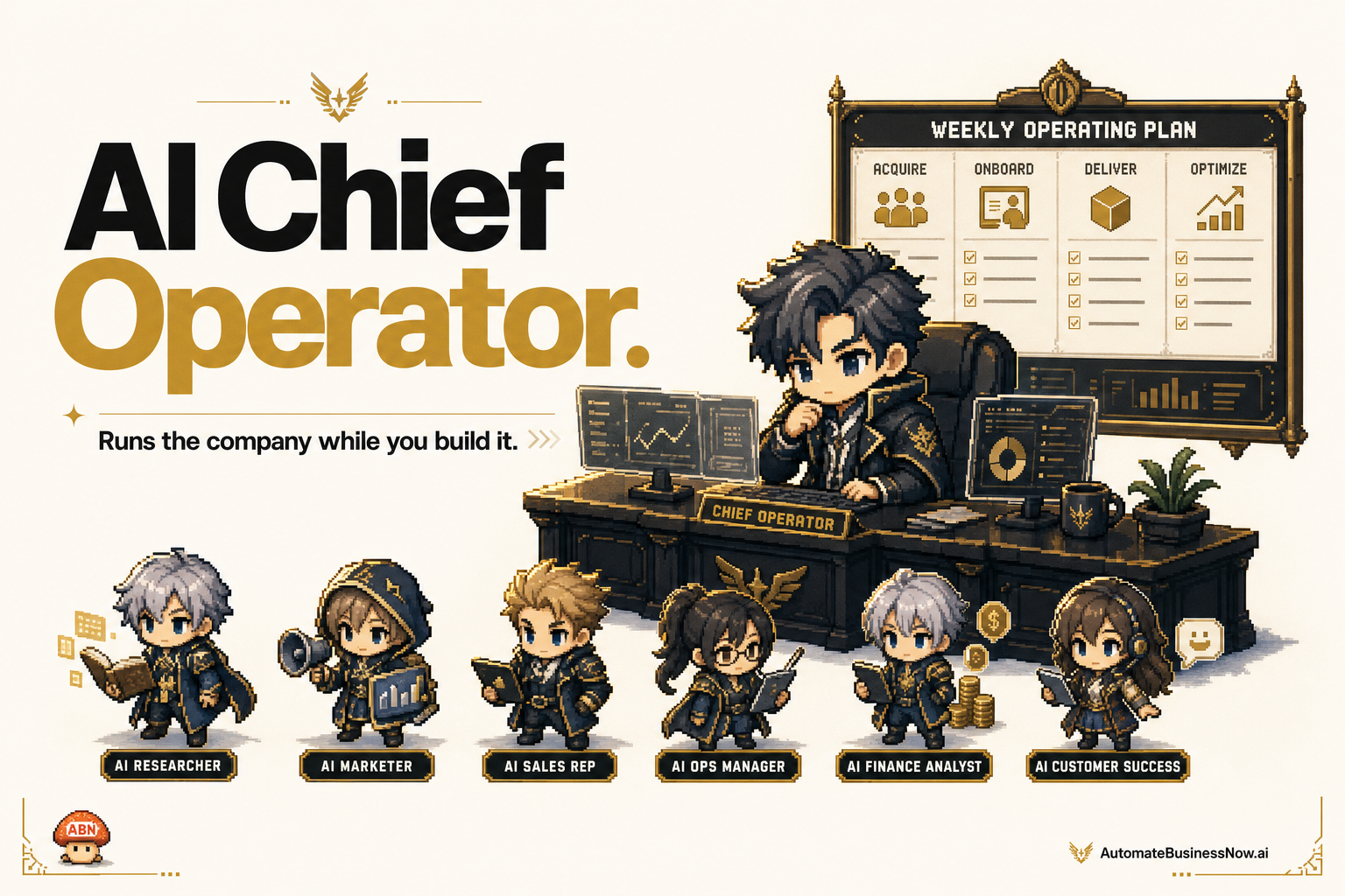 AI CEO / Chief Operator at work — brand-illustrated AI employee hero
