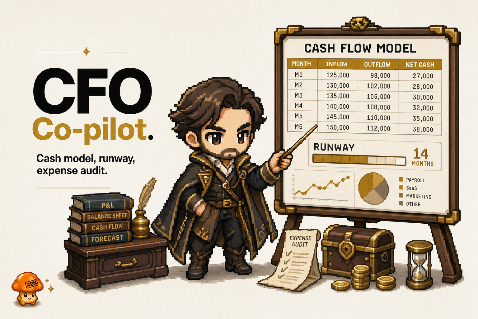 CFO Co-pilot at work — brand-illustrated AI employee hero