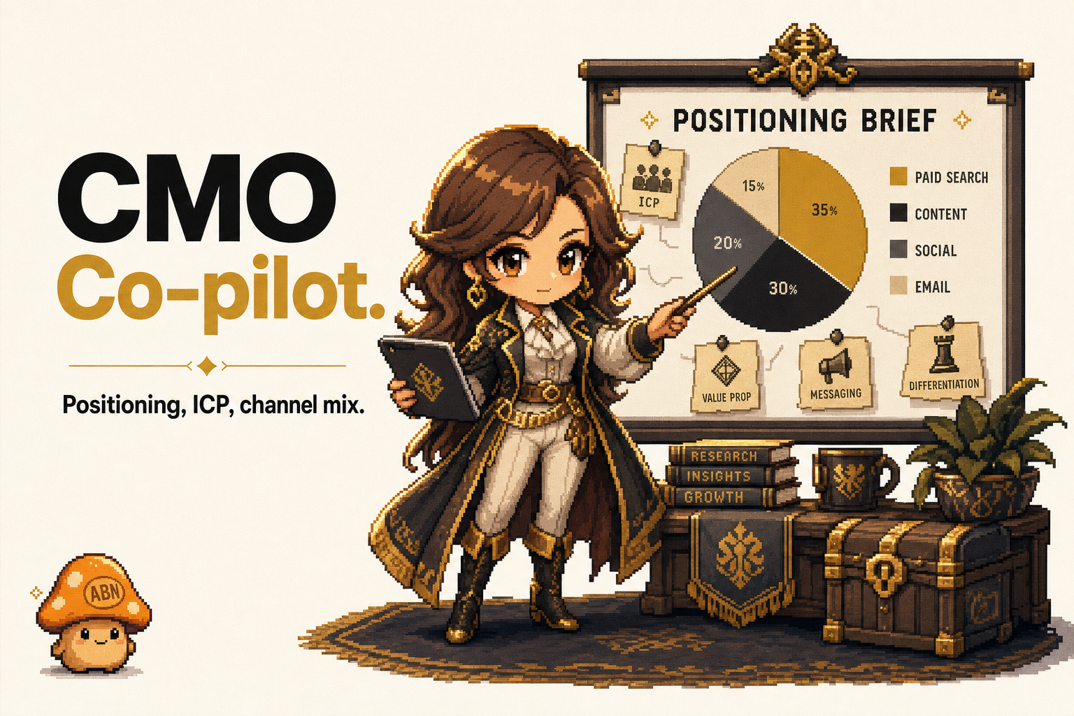 CMO Co-pilot at work — brand-illustrated AI employee hero